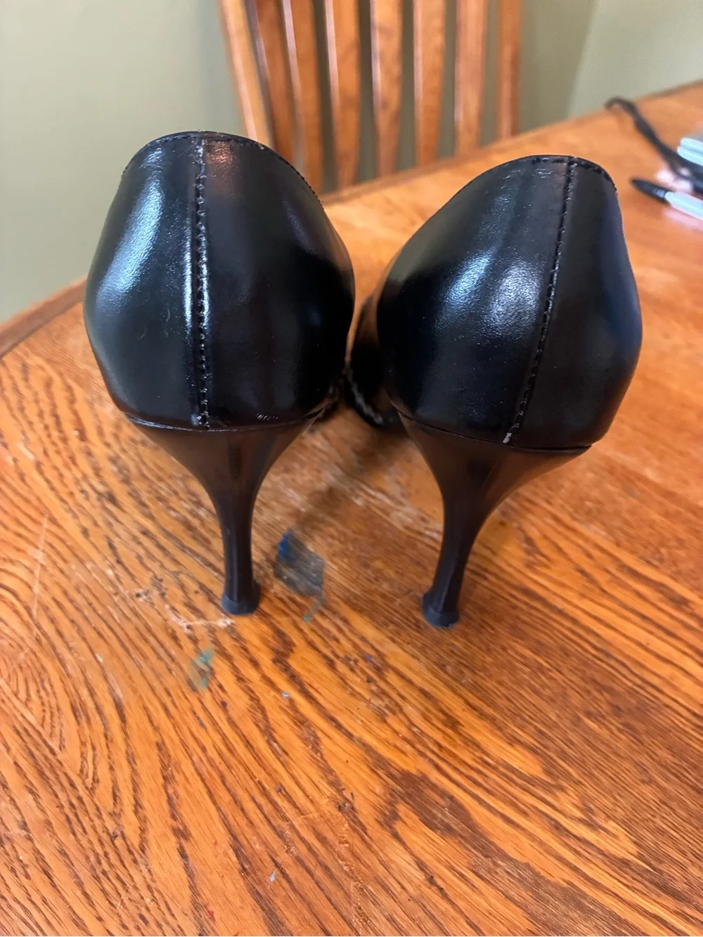 Black Pointed Leather Heels with Bow Accent